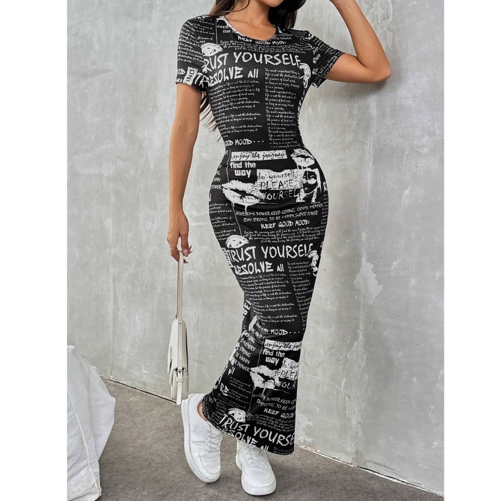 Newspaper Print Dress Long Fitted Short Sleeve Black and White Bodycon